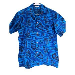 Vintage Hookano men's Hawaiian Island AOP Blue and gold button up shirt  small.